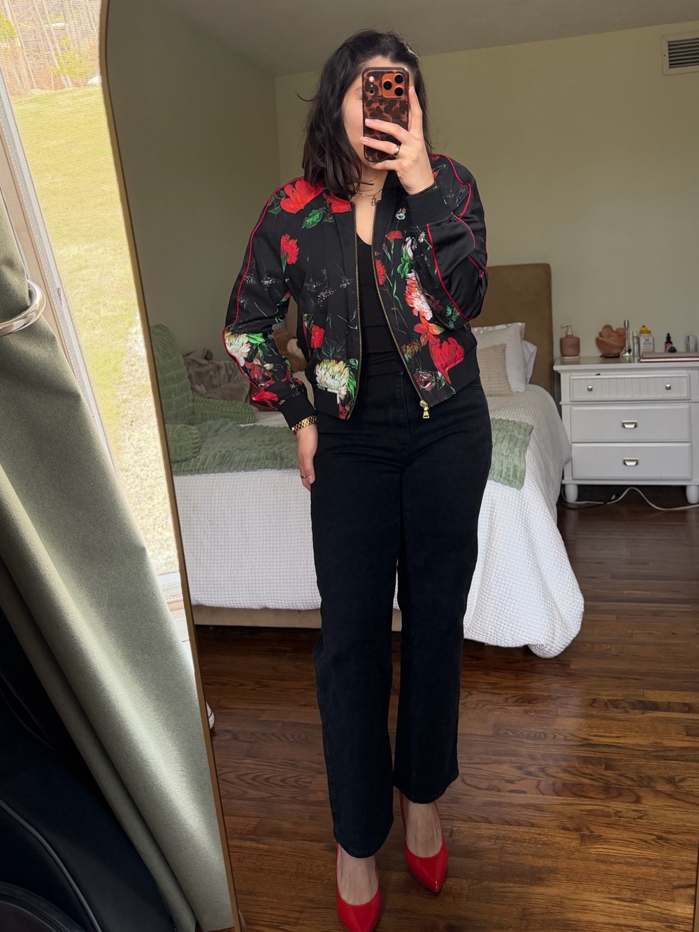 Express Floral Bomber Jacket - Black with Red & Green Floral Print
